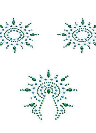 Gloria set of 3 - green/blue - прикраса на соски та вульву (синій, зелений)