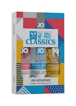 System jo tri-me triple pack - classics (3 х 30 мл) - набор лубрикантов: водная, силиконовая и вкусовая смазки