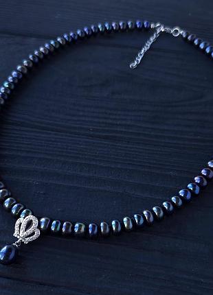 Роскошное ожерелье с подвеской | корона| из натурального черного жемчуга