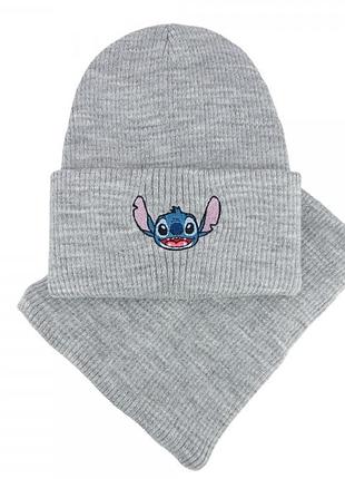 Комплект шапка+хомут для девочки шапка улыбка стич one size от 3 лет и для подростков
