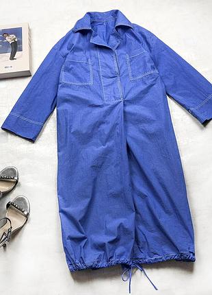 Женское хлопковое платье-рубашка миди длины василькового голубого цвета с накладными карманами