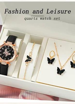 Подарочный набор для женщин сердца наручные часы браслет кольцо ожерелье и серьги черный