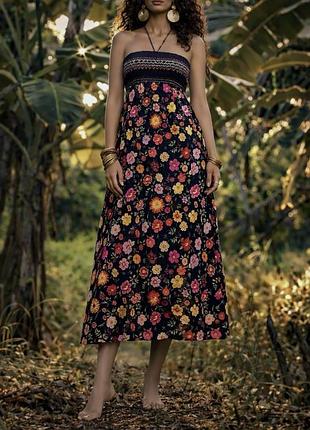 Сарафан платье на завязках цветочный принт вискоза с вышивкой размер 32 34 36 xxs xs s хиппи бохо винтаж макси в пол длинный