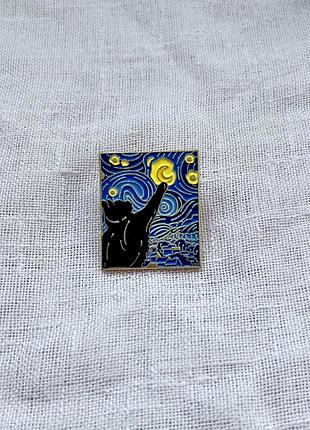 Значок емальований "кіт і місяць" в стилі ван гога брошка на рюкзак | прикраса на одяг - пін котик
