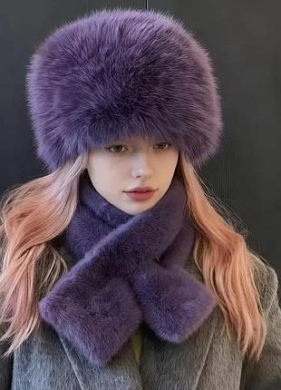 Комплект фиолетовый: круглая шапка, пилбокс + шарф, горжетка экомех.
