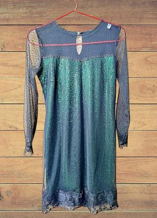 Элегантное платье с сеткой | зелено-черная | облегающий силуэт