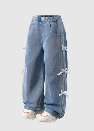 Бегги-клеш широкие джинсы для девочки с бантиками