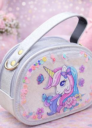 Детская сумочка "единорог" на 1 отделение с ручкой и длинным ремешком на молнии, 16х13х6см