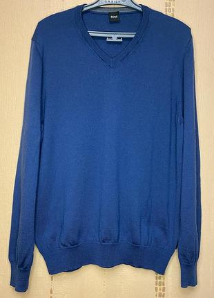 Пуловер hugo boss 100% шерсть мужской синий l