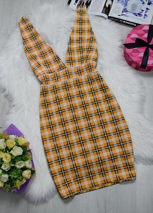 Платье сарафан в клеточку платье горчичное до колен