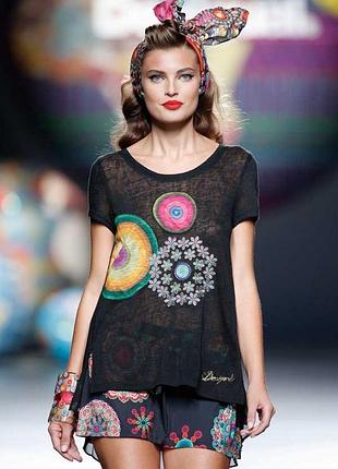 Desigual черная футболка с вышивкой в этно бохо стиле эклектика блуза полупрозрачная