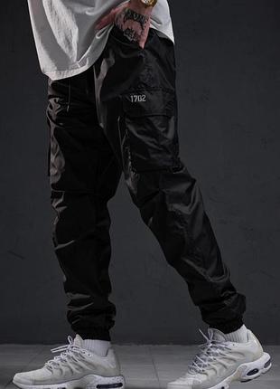 Чоловічі штани карго чорні поліестер всесезонні з кишенями