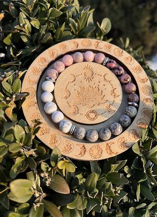 Браслет родоніт яшма зебра кахолонг  з натурального каміння 8 мм