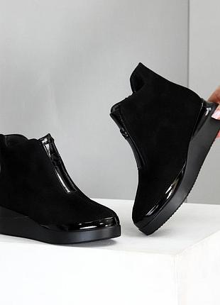 Стильные черные удобные ботинки натуральная замша еврозима