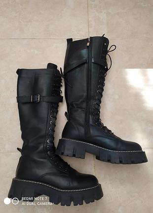 Сапоги высокие кожаные черные зимние на шнуровке 39