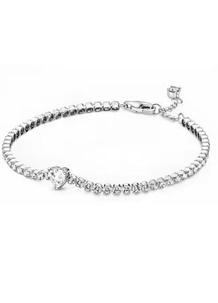 Браслет женский в стразы теннисный с сердцем 💗 серебряный новый
