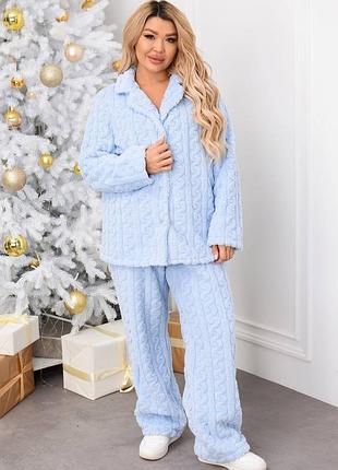 Жіноча тепла об'ємна плюшева брючна піжама на гудзиках блакитна чорна молочна домашній костюм