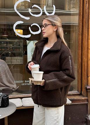 Тепла шубка баранчик з утепленням шоколад та беж