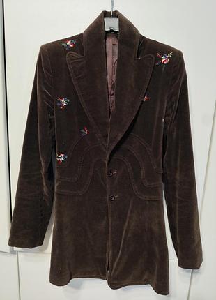 Винтажний велюровий жакет з квітковою вишивкою, розмір s
