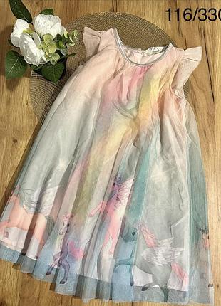 Стильна легенька повітряна сукня з фатином та єдиноріжками на 5/6 років на 116 см