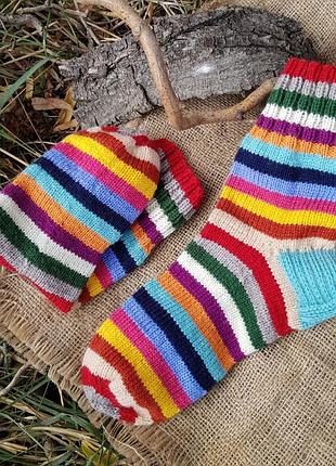 Носки теплые шерстяные полосатые вязаные спицами 24 см handmade