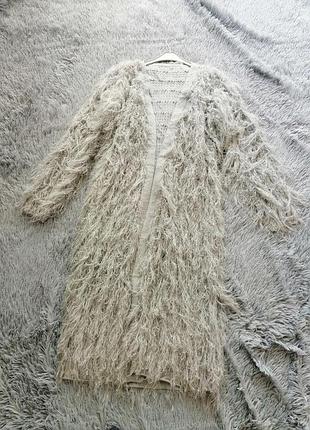 Пушистый удлиненный кардиган травка эффект перьев длина миди пухнастий подовжений кардиган трава ефе