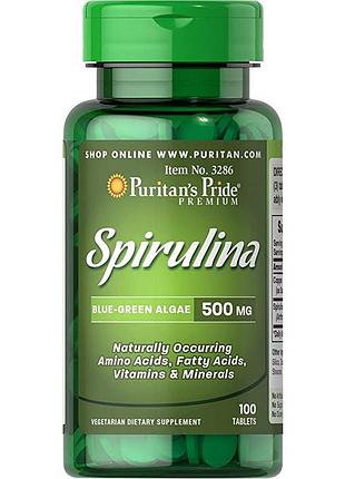 Натуральная добавка puritan's pride spirulina 500 mg, 100 таблеток