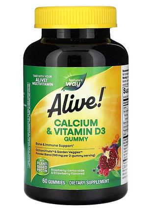 Вітаміни та мінерали nature's way alive! calcium + vitamin d3 gummy, 60 желейок - малиновий лимонад та полуниця