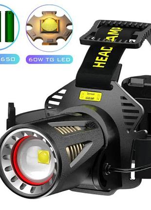 Фонарь налобный h610-white laser led pm50-tg, сенсор движения, 3x18650, power bank
