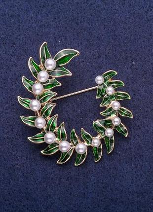 Брошь велок листы с бусинами, золотистый металл