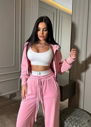 Ідеальний жіночий велюровий спортивний костюм трійка зіп худі на блискавці топ - майка та штани палаццо на резинці зі шнурком