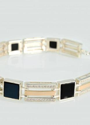 Серебряный мужской браслет с вставками из золота и ониксом 18.5 см