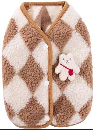 Жилет для питомца м, осенне-зимний, мягкий, с узором и игрушкой-котиком