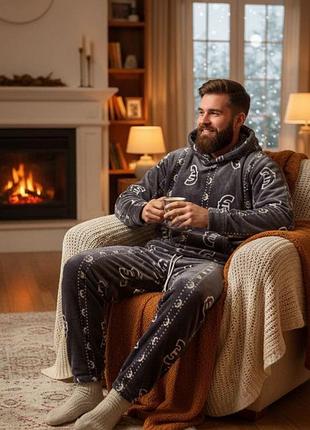 Мужская теплая пижама зимняя домашний костюм с капюшоном худи махра