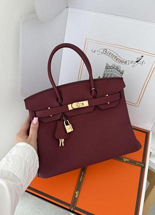 Сумка бордовая кожаная брендовая люкс биркин 30 см тоут