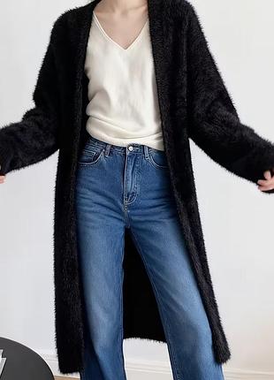 Чорне довге вільне в’язане пальто-кардиган жіноче осінь-зимове поліестер флісовий мʼякий кардиган чистого кольору в вуличному стилі