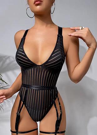 Жіноча еротична білизна боді в смужку гартери підв'язки на ногу м чорний ( 600-036 )