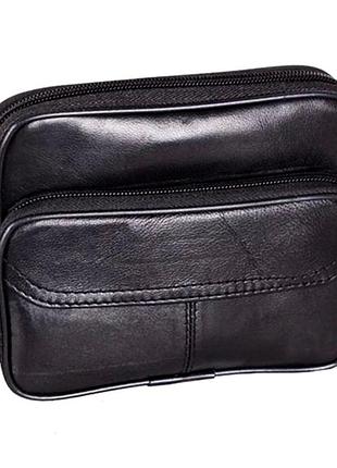 Кожаная сумка мужская es3005 черная через плечо поясная барсетка натуральная кожа 14х17см