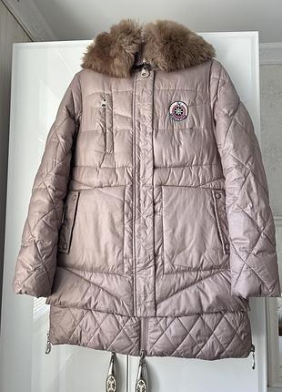 Куртка зимова/весняна/осіння з штучним хутром з капюшоном пуховик розмір l бежевий пудровий skinnwille
