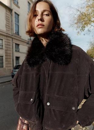Куртка бомбер zara зі знімним коміром зі штучного хутра