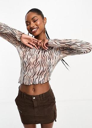 Жіночий топ кроп сітка напівпрозорий асиметричний низ довгий рукав анімалістичний принт розмір м l