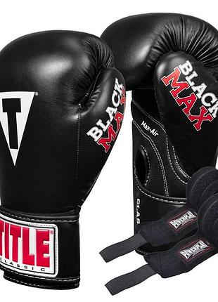 Боксерские перчатки title classic black max black 12 oz (бинты 4м. в комплекте)