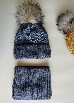 Набір шапка і хомут зима на флісі з помпоном