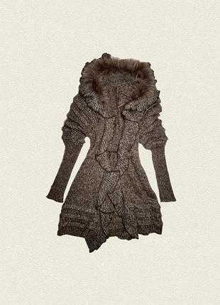 Вінтажний в’язаний кардиган з хутряним капюшоном 🤎🧸