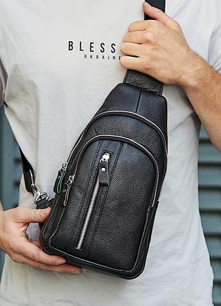 Сумка-слінг чоловіча на одне плече 18х32х7, рюкзак нагрудний з натуральної шкіри 74521 чорний