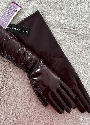 Жіночі шкіряні рукавички темний бордові , рукавички з натуральної шкіри подовжені рукавички лакові