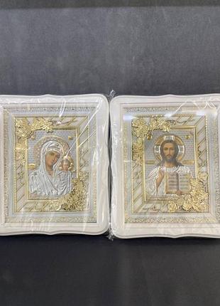 Свадебные иконы пресвятой богородицы и иисуса христа 23х26 см пара свадебных икон в белых рамках