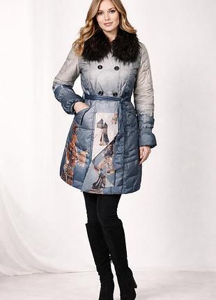 Пуховки пальто натуральный пух перо мех  с принтом