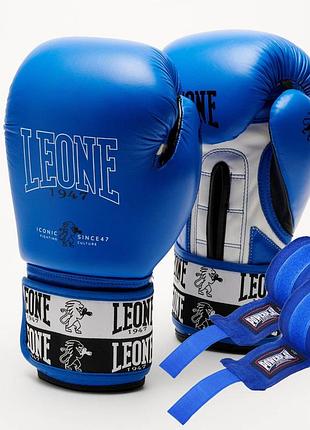 Боксерские перчатки leone gn208 iconic blue 10 унций (бинты 4 м. в комплекте)