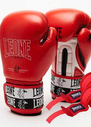 Боксерские перчатки leone gn208 iconic red 16 унций (бинты 4 м. в комплекте)
